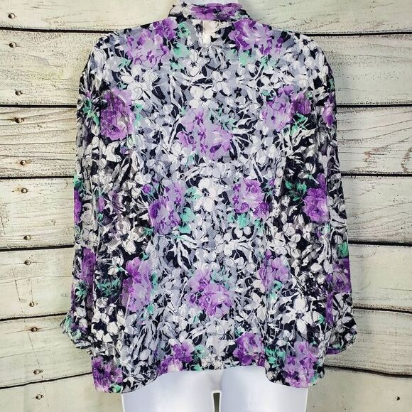 Christopher & Banks XL Purple Floral Lace Button Front Blouse Sheer Lightweight - Picture 4 of 7